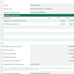 OrdenTech: cotización de servicio en Excel con datos ficticios