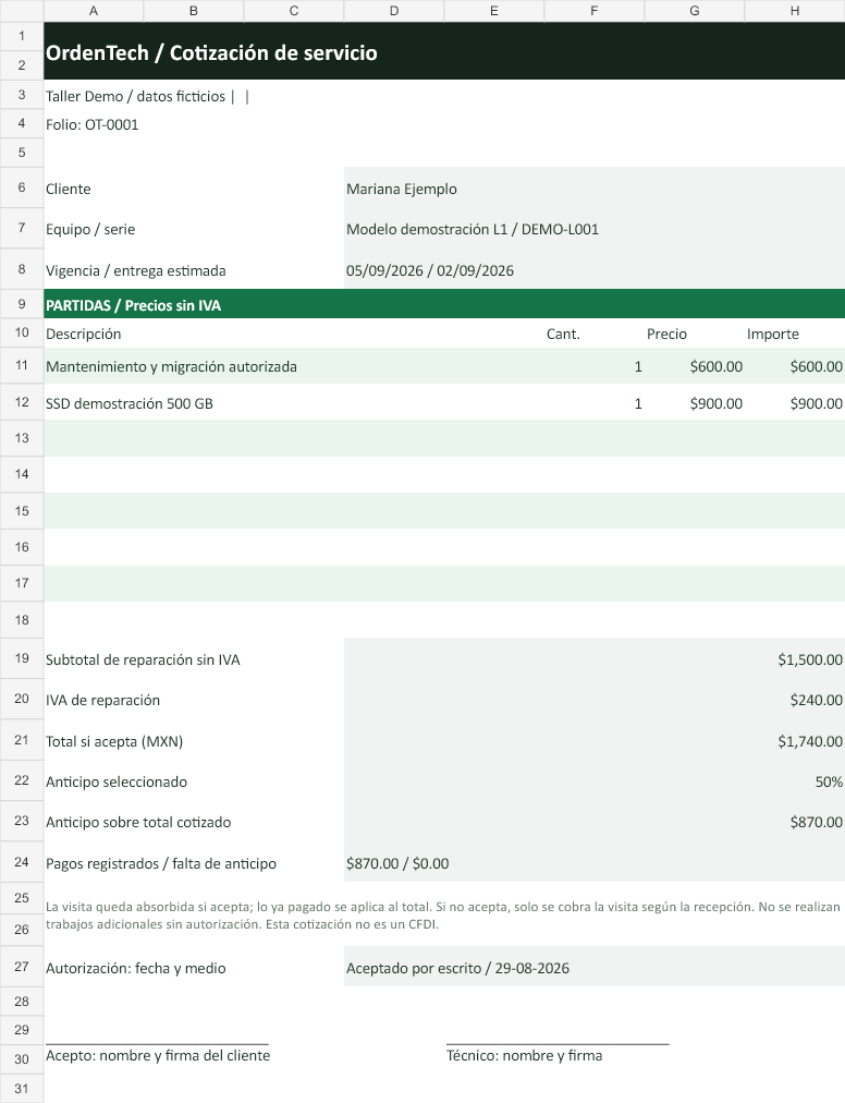 OrdenTech: cotización del servicio con datos ficticios