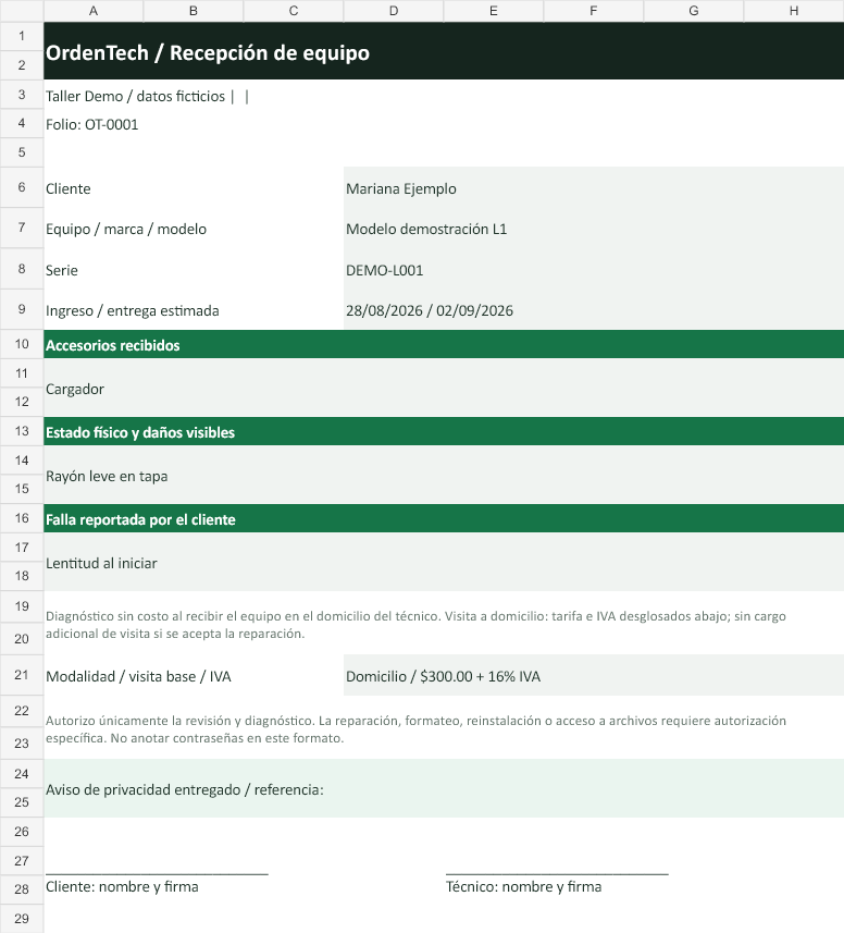 OrdenTech: recepción del equipo con datos ficticios